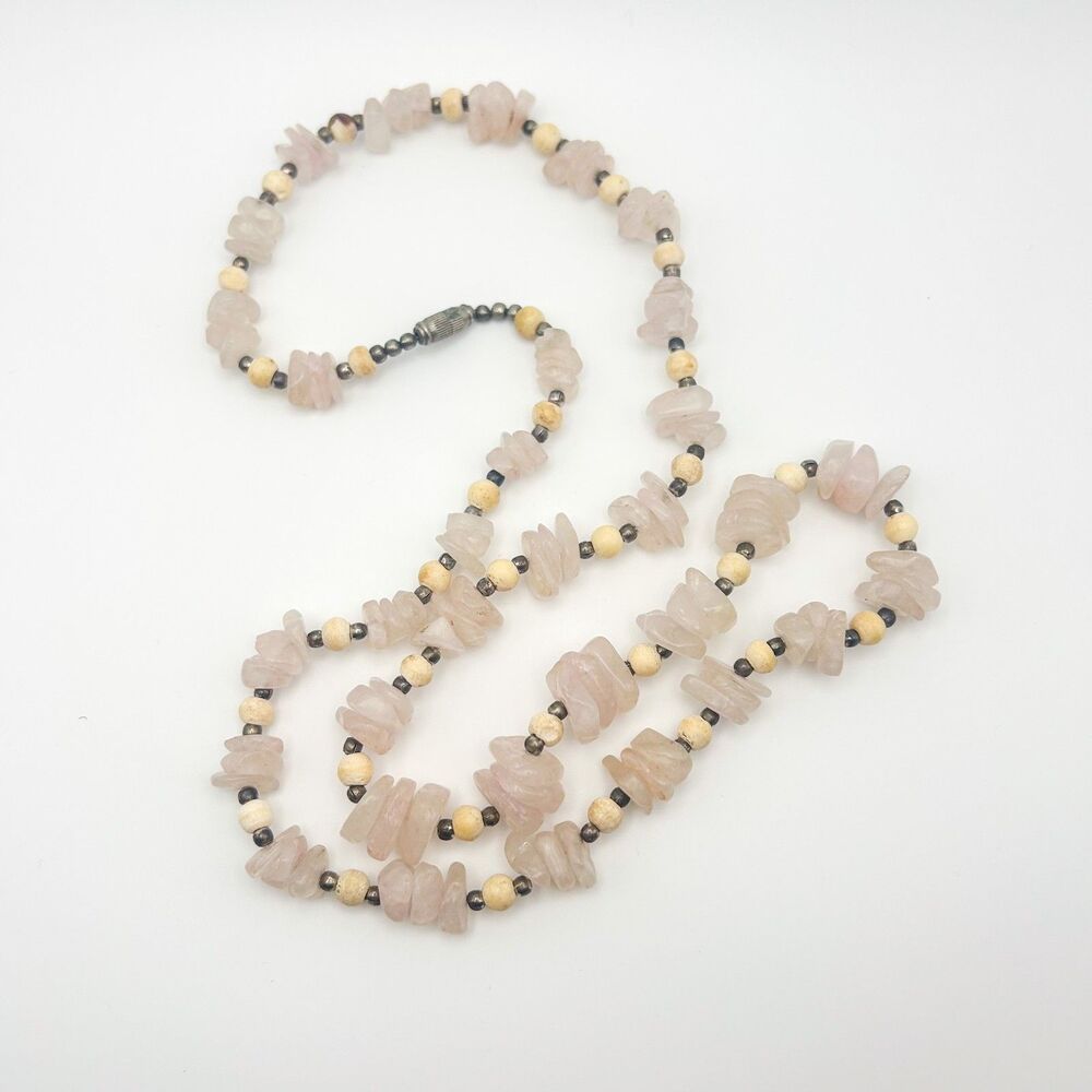 Vintage Rose Quartz Beaded Necklace 28" Pink Stone Chip with Bone Beads